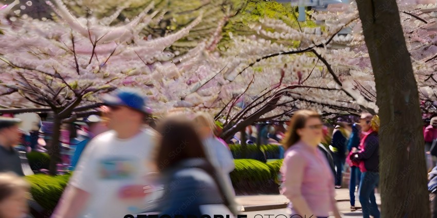 People walking in a park with cherry blossoms