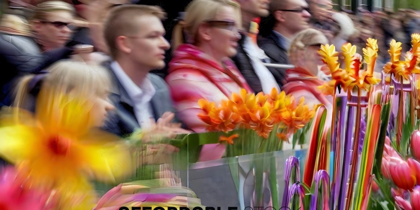 A group of people are sitting in a row, with flowers in front of them