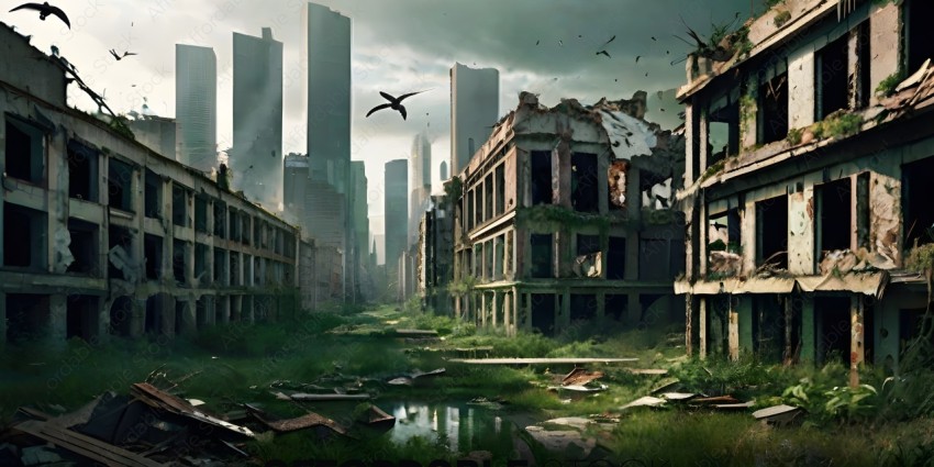 A cityscape with a bird flying over a destroyed building
