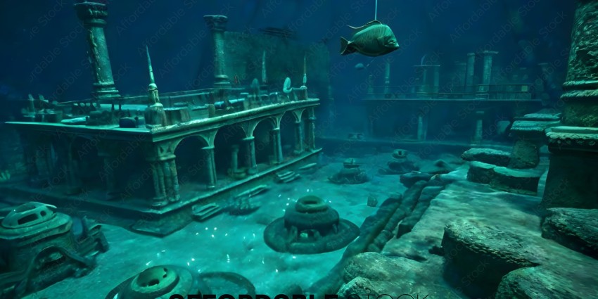 An underwater city with a castle and a fish