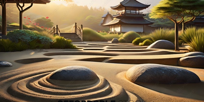 Sand sculpture of a Chinese garden with a pagoda