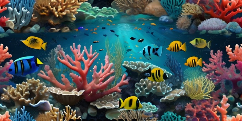 A colorful underwater scene with a variety of sea creatures