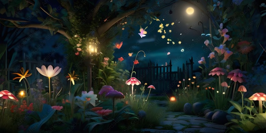 A garden at night with a lit lantern and a variety of flowers