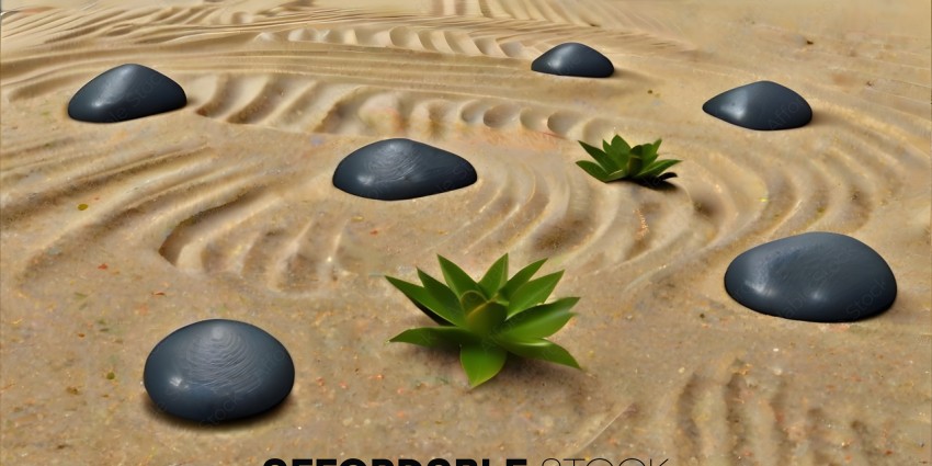 A potted plant with green leaves and a rock in the sand
