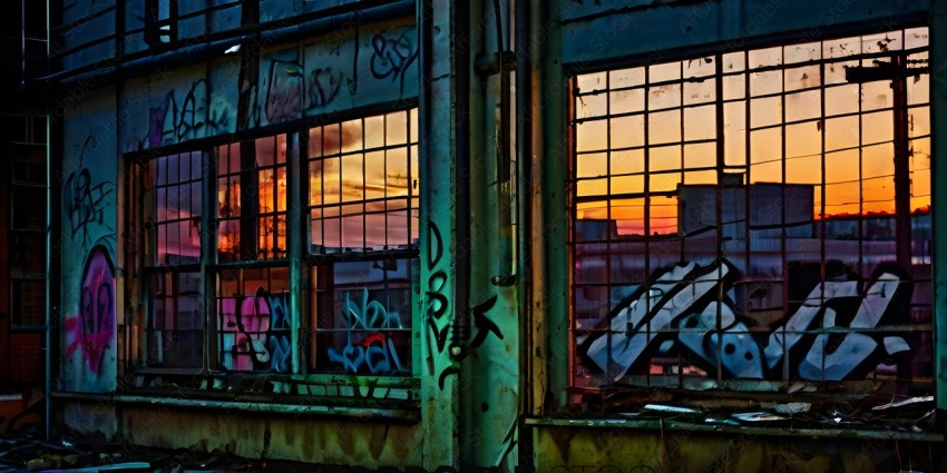 Graffiti on a building with a sunset in the background