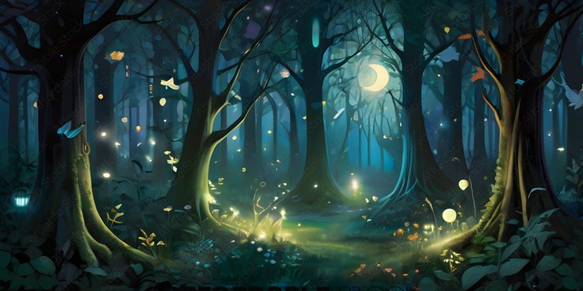 A forest at night with a full moon