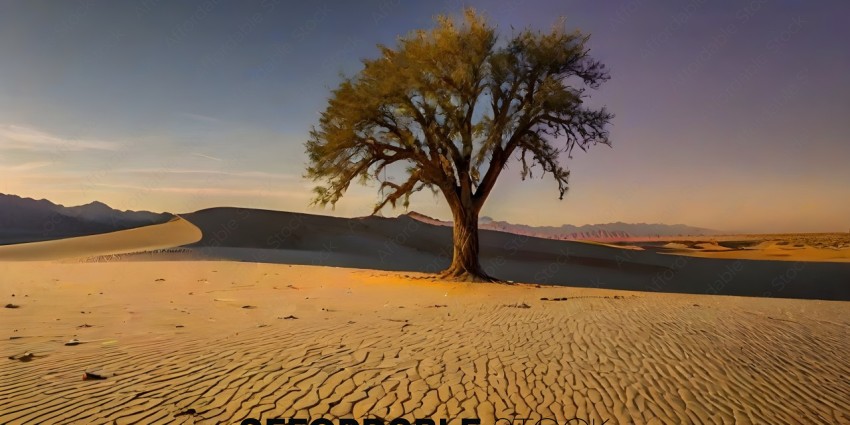 A tree in the desert with a cracked trunk