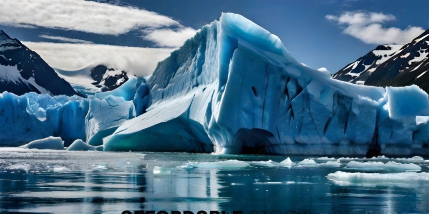 A large iceberg with a blue tint in the water
