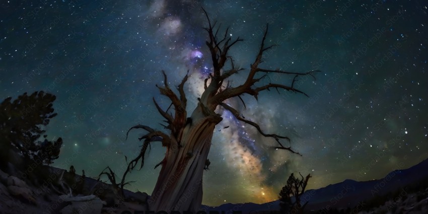 A tree with a starry sky in the background