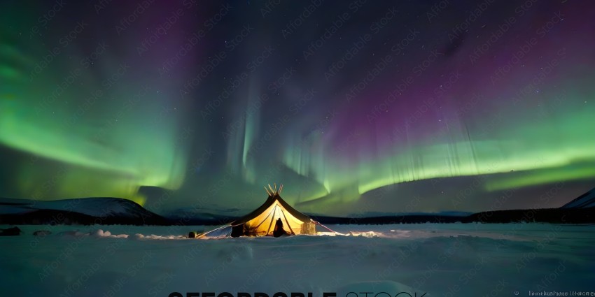 A person is sitting in a tent in the snow with a beautiful sky in the background
