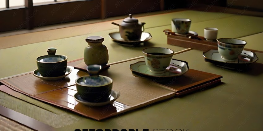 A table with tea cups and tea pots