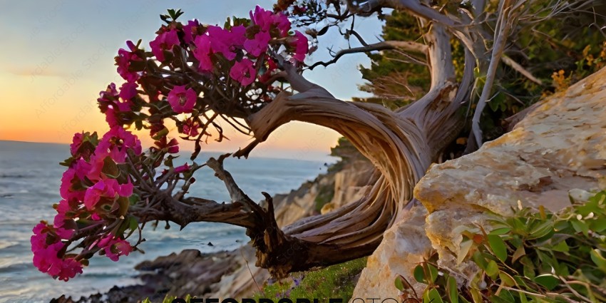 A tree with pink flowers and a view of the ocean