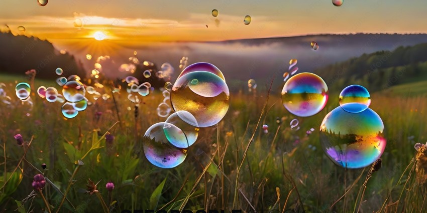 Bubbles in a field at sunset