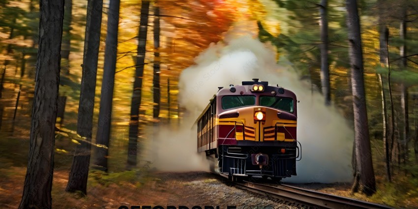 A train travels through a forest with steam coming out of the engine