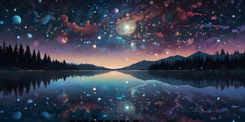 A beautiful night sky with a reflection of the stars and a mountain range