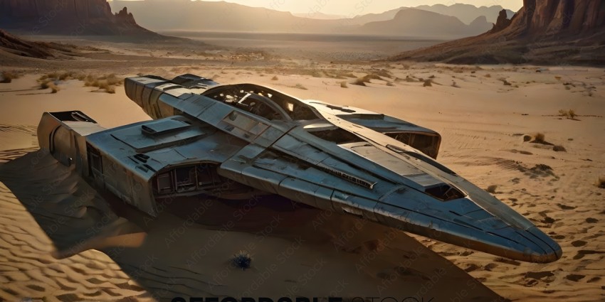 A silver space ship on a desert landscape