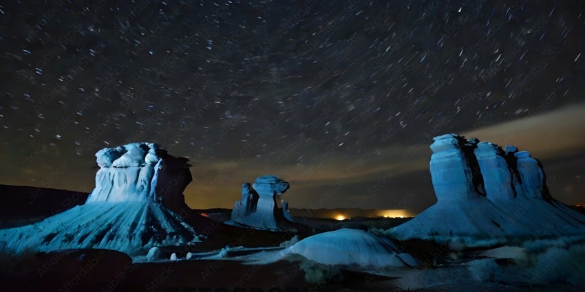 A nighttime view of the rock formations of Monument Valley