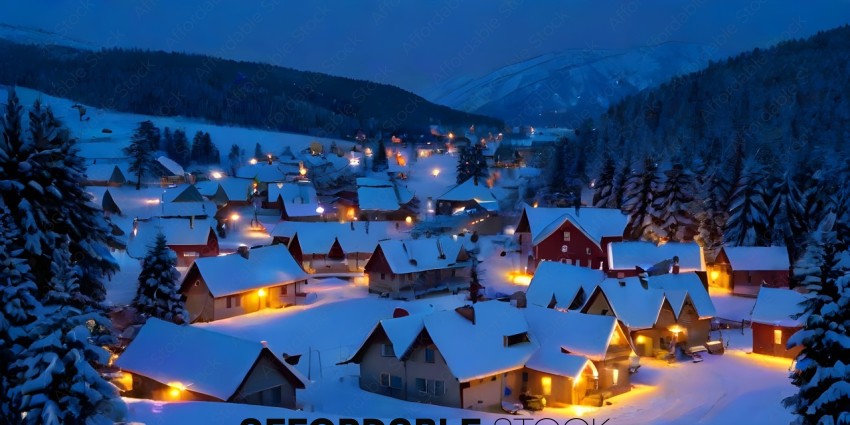 Snowy village at night with lights on