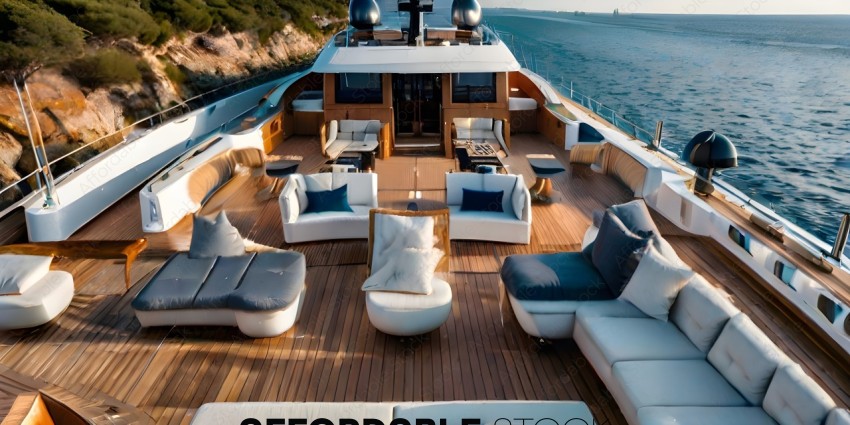 A luxurious yacht with a spacious interior and a variety of seating options