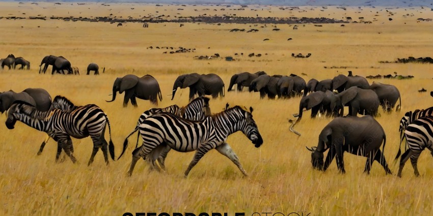 Zebras and elephants in a field