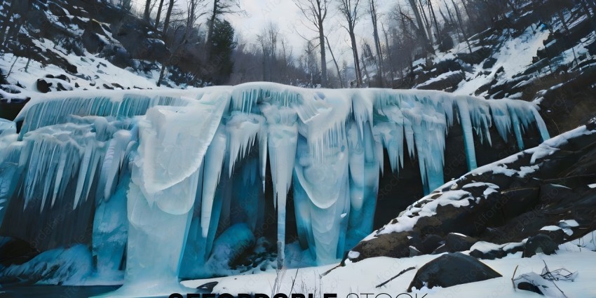 A frozen waterfall with blue icicles