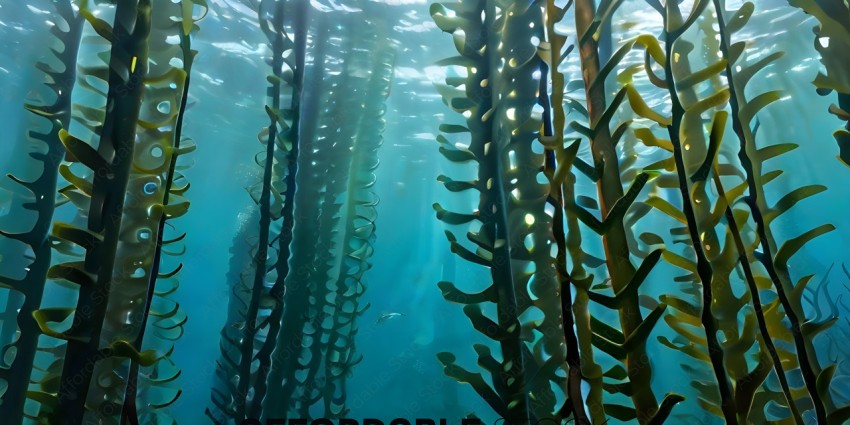 A view of a seaweed forest with a fish swimming through it