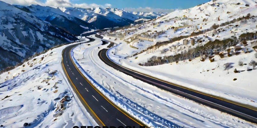 Snowy Mountain Highway with Mountains in the Background