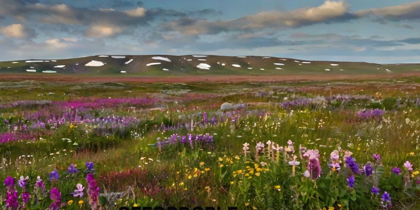 A field of flowers with a mountain in the background