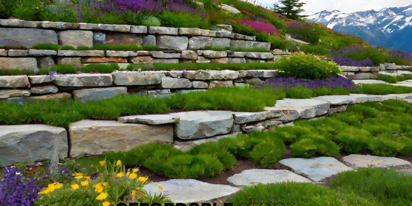 A rock garden with a rock staircase and a variety of plants
