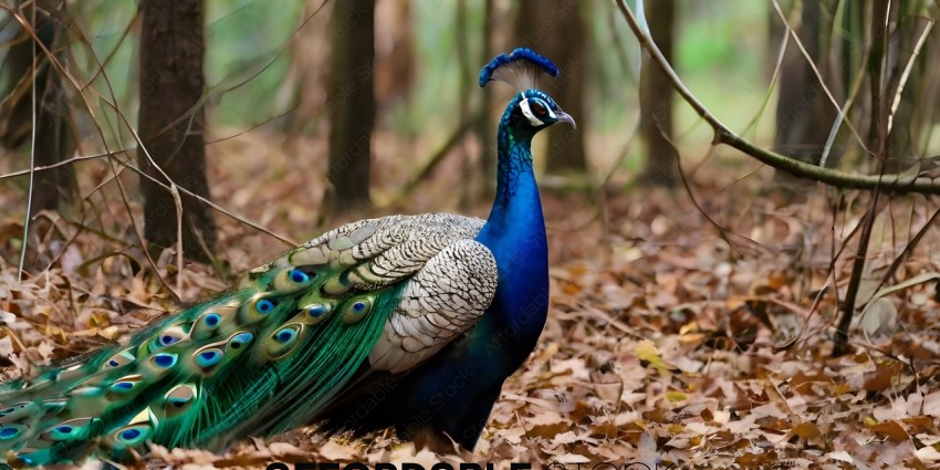 A peacock with a blue head and green tail