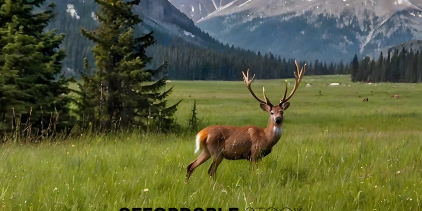 A deer in a field with a mountain in the background