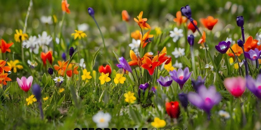 A field of flowers with yellow, red, orange, purple, and white