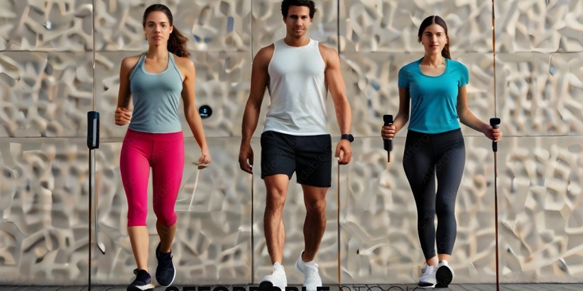 Three people wearing workout clothes and shoes