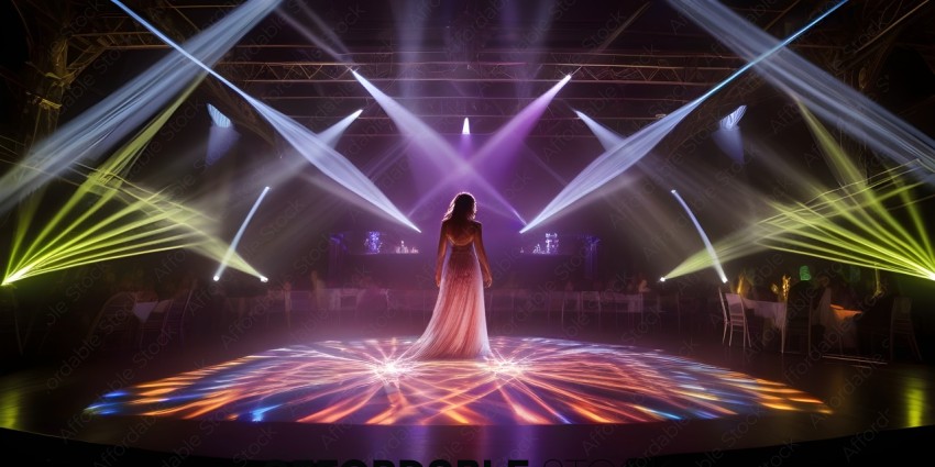 A woman in a dress stands on a stage with lights