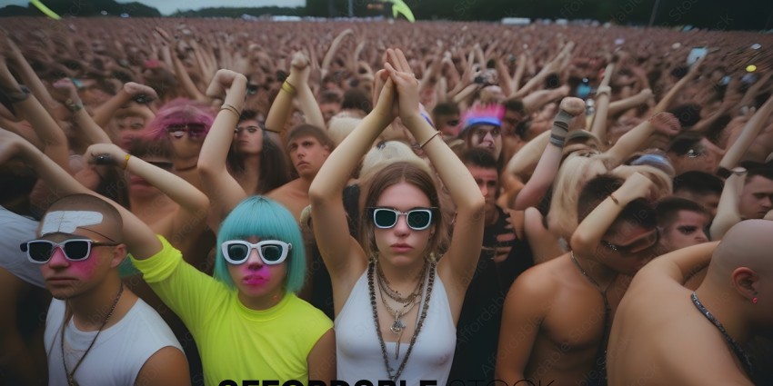 A group of people wearing sunglasses and holding their hands up