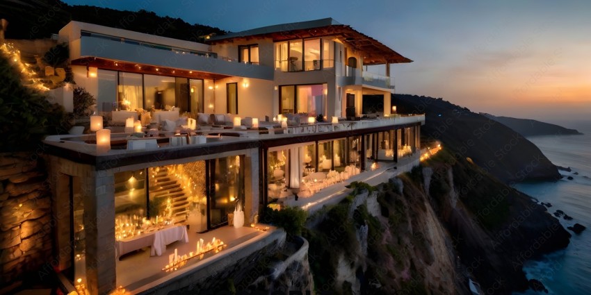 A beautifully lit mansion with a stunning view