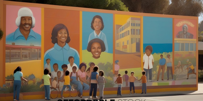 Children and adults looking at a mural of people
