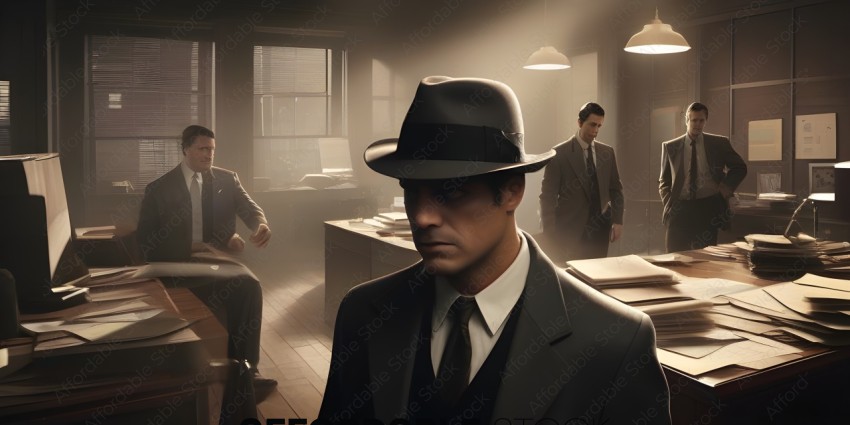A man in a suit and hat looks off into the distance