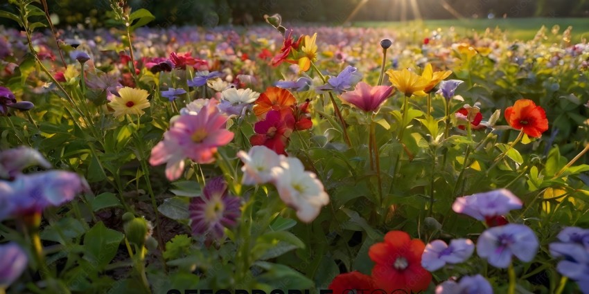 A field of flowers with a sun shining down