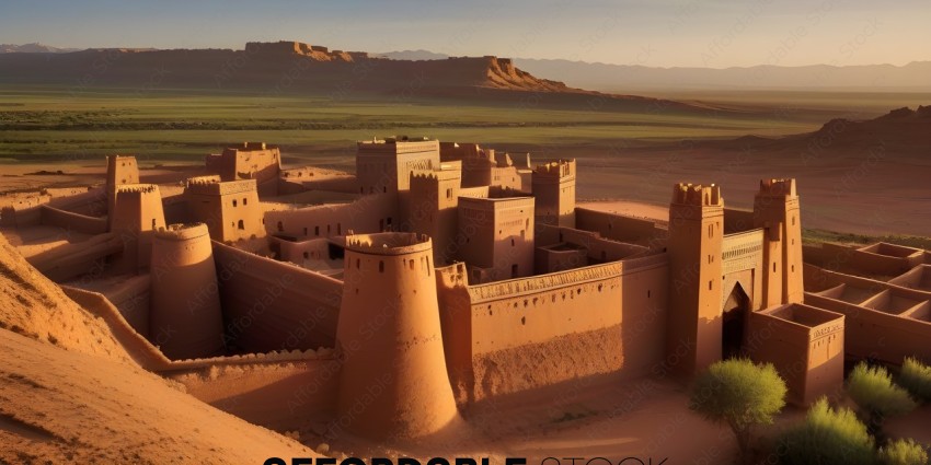 Ancient desert castle with a mountain in the background