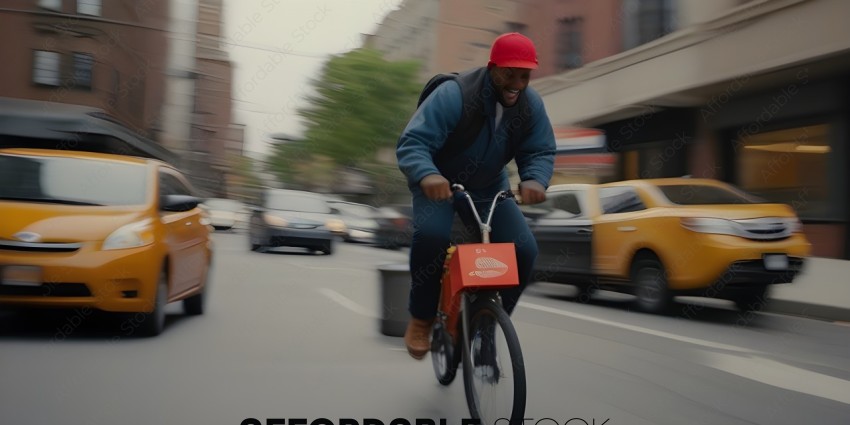 Man riding a bicycle with a red hat on