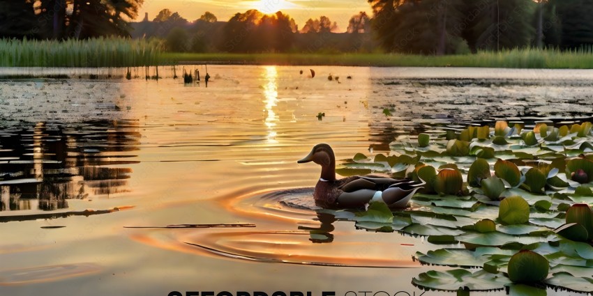 A duck swims in a lake at sunset