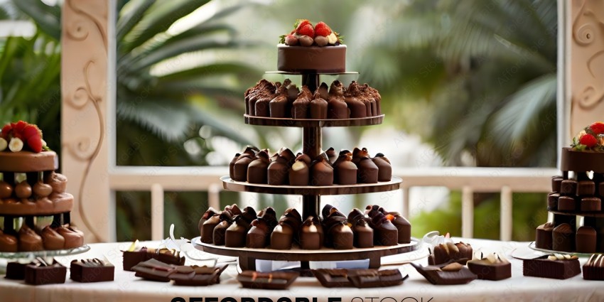 A three-tiered chocolate cake with strawberries and chocolate on top