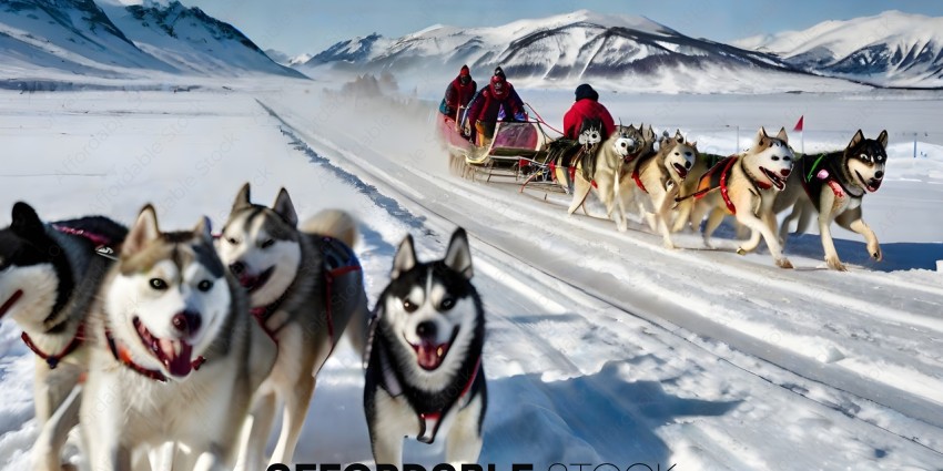 A group of sled dogs pulling a sled through the snow