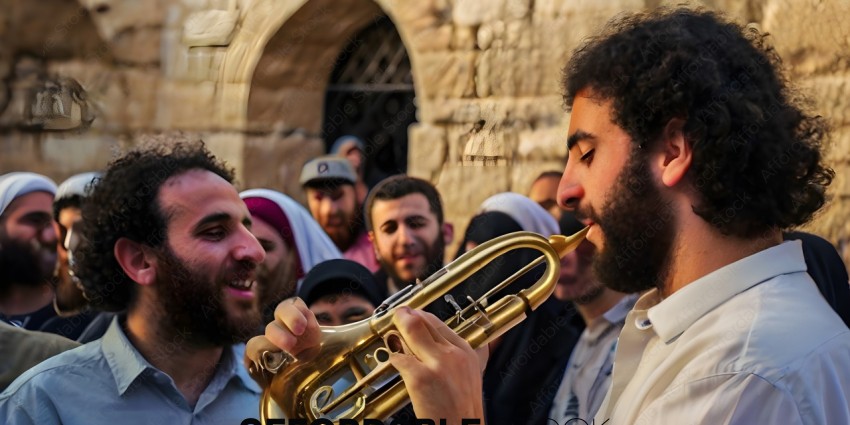 A man plays a brass instrument in a crowd