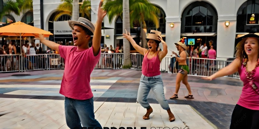 Two people in pink shirts and hats are dancing