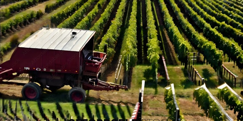 A red tractor pulling a trailer through a vineyard