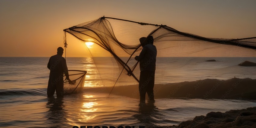 Two men fishing at sunset