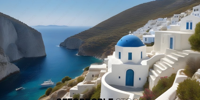 A white building with a blue dome on a cliff overlooking the ocean
