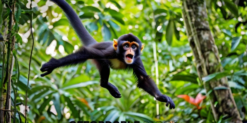 A monkey in the air with its mouth open